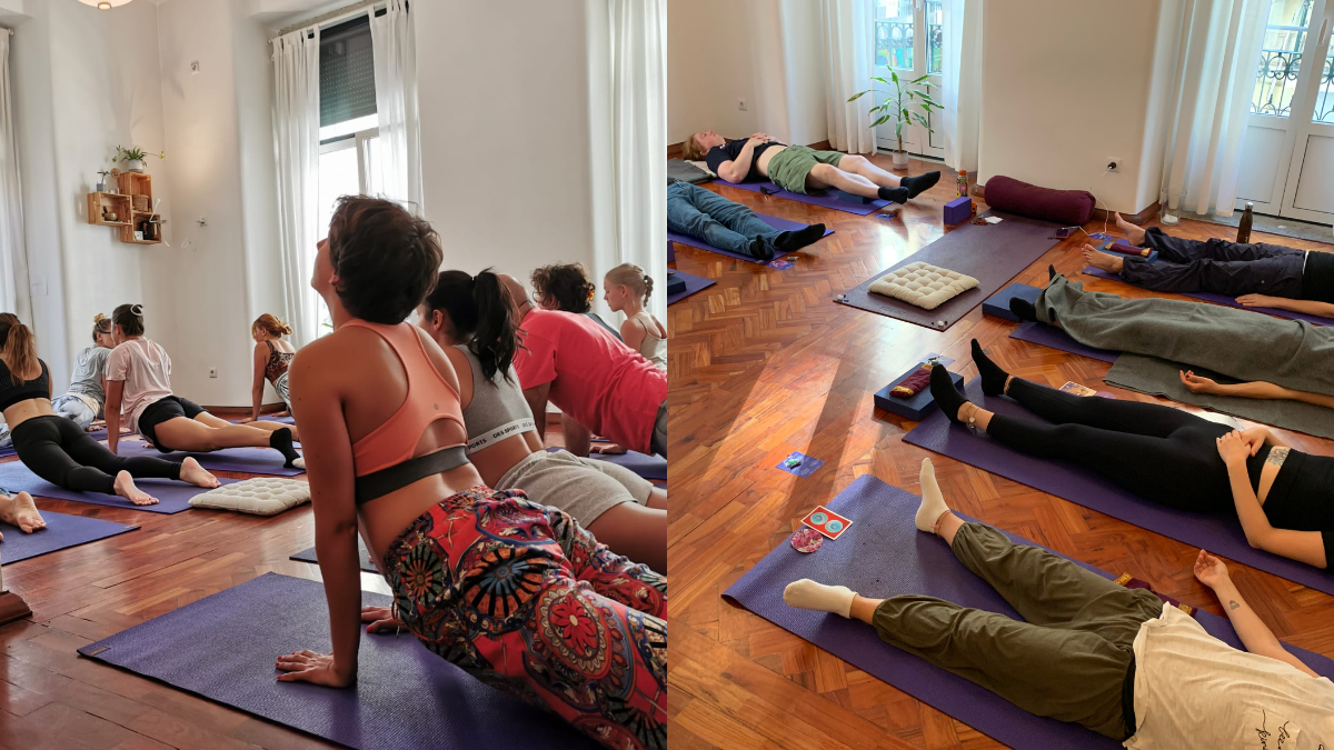 Martina teaching a Flow Yoga class on left, and Yoga students resting on the right