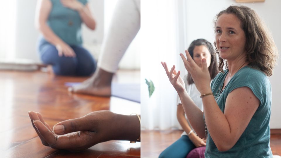 Left: student in restorative rest pose, right: Katrin giving a talk to Yoga students