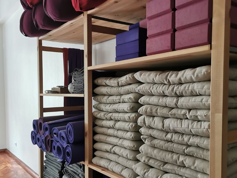 shelf with yoga equipment